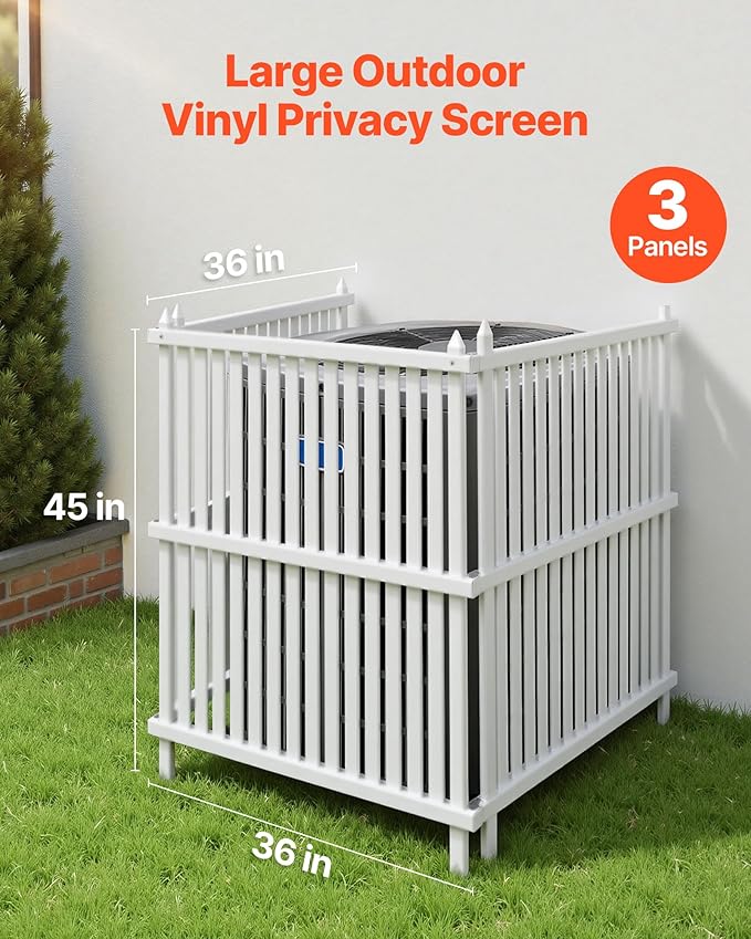 VEVOR 3 Panels Outdoor Privacy Screen, 36 x 45 in Air Conditioner Fence with 19.7 in Ground Stakes, Pool Equipment Enclosure, Strip Vinyl Privacy Fence, Ideal for Trash Can and A/C Units, White VEVOR