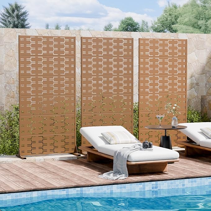 Casaphoria Metal Privacy Screen Outdoor, 72" H x 35" W Freestanding Decorative Privacy Screen for Patio Deck Balcony Garden with Stable Base, Brown-Brick Casaphoria