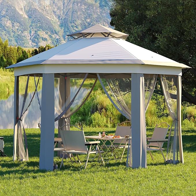 Garvee Pop Up Gazebo Screen Tent,Hexagonal Instant Gazebo Tent with Mosquito Netting Outdoor Canopy,6 Sided Sun Shelter 13x13ft with Mesh Netting,Pavilion Tents for Patio,Light Gray+Dark Gray Garvee