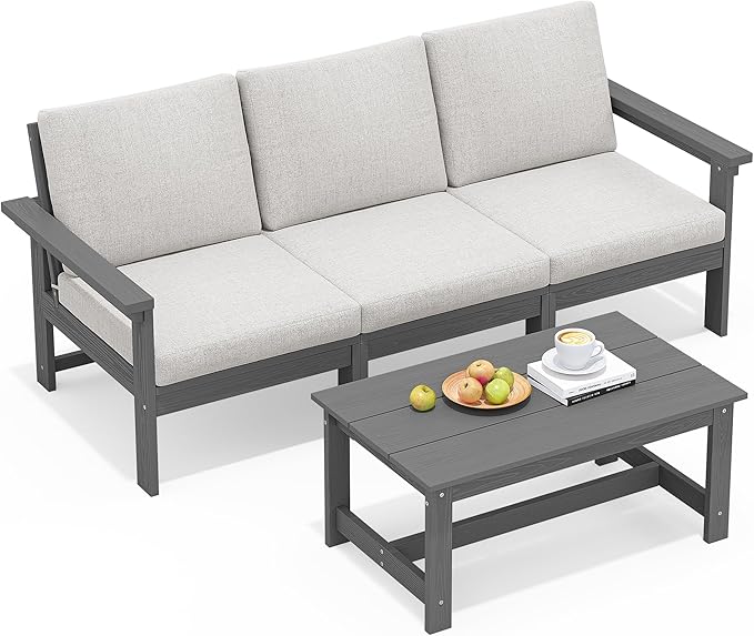 SERWALL HDPE Patio Sofa Set, 4-piece Sectional Outdoor Furniture Set, All Weather Outdoor Couch Set Patio Furniture Set for Deck, Lawn, Grey Frame with Khaki Cushion SERWALL