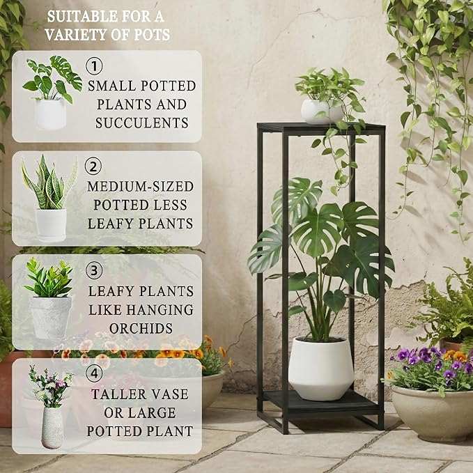 34" Tall Plant Stand Indoor, 2-Tier Modern Plant Shelf, Corner Flower Pot Holder Organizer for Living Room Balcony Patio Garden (Black) GreenLivingSpaces