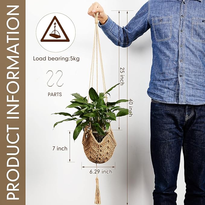 Shappy 2 Pack Jute Crochet Long Plant Hanger for 3 Inch to 12 Inch Pots, Macrame Plant Holder Rope with S Shaped Hooks for Halloween Home Decor (Brown) Shappy