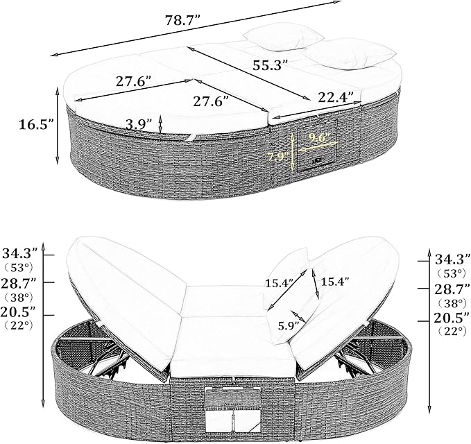 Merax Outdoor Sun Bed Patio 2-Person Daybed with Cushions and Pillows, Rattan Garden Reclining Chaise Lounge with Adjustable Backrests and Foldable Cup Trays for Lawn, Poolside, Grey Merax