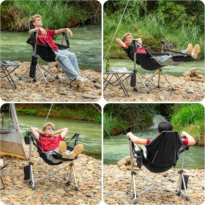 Romswi 2-Pack Aluminum Hammock Chair with Footrest, Oversized Portable Folding Swinging Chair with Adjustable Back & Seat, Lightweight Rocking Camp Chair Supports 440lbs for Outdoor, Patio - Black Romswi
