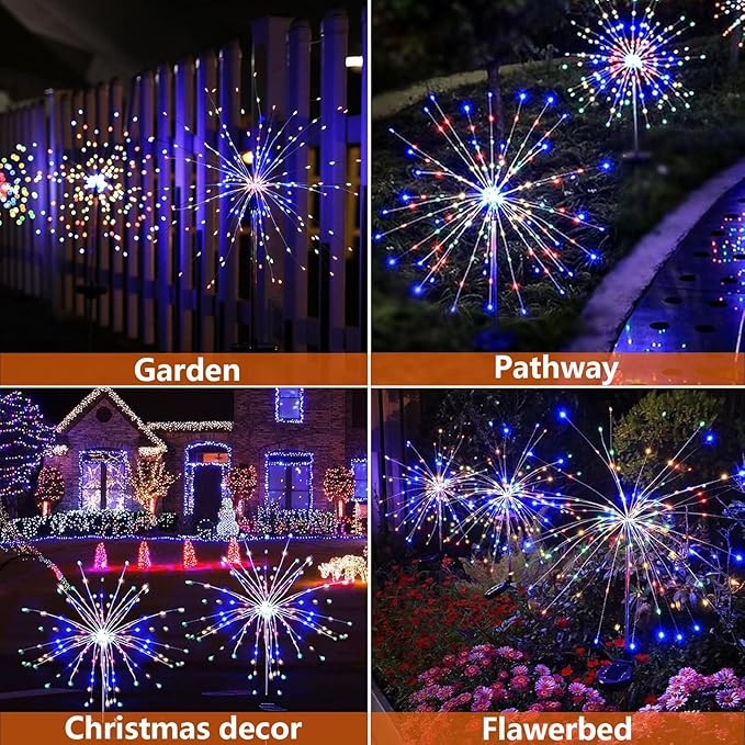 4 Pack Solar Firework Lights 200 LED Create Magical Nights, Waterproof Starburst Fairy Lights for Garden Yard Patio Christmas Romantic Wedding Party Decor(Color) colcutee