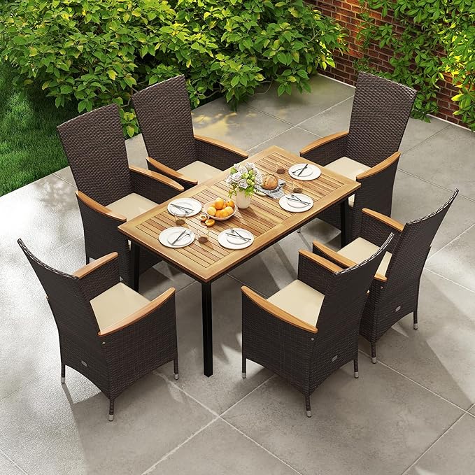 Tangkula 7 Pieces Rattan Outdoor Dining Set for 6, Outdoor Acacia Wood Table Set with 6 Cushioned Wicker Chairs, Umbrella Hole, Patio Dining Furniture Set for Deck Pool Backyard TANGKULA