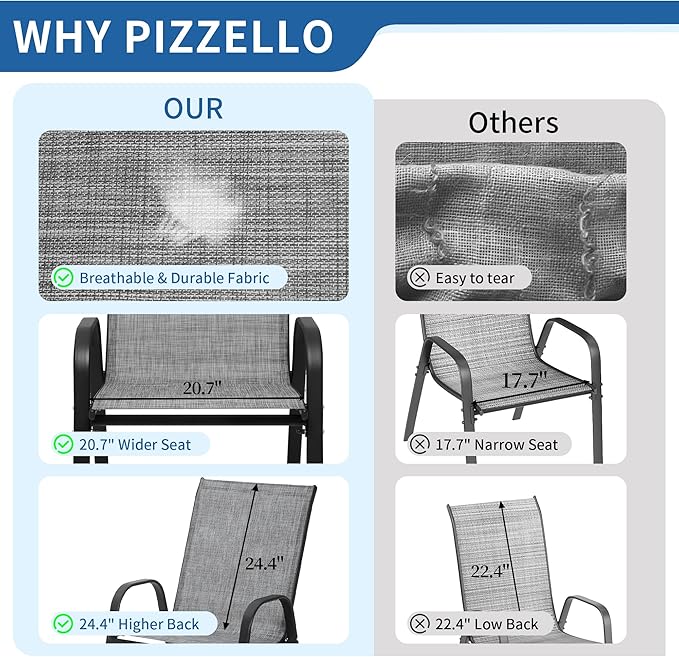 PIZZELLO Patio Chairs Set of 8 - Outdoor Stackable Dining Chairs for All Weather - Lightweight Textilene Outdoor Chair Sets with Armrests - 330Lbs Capacity - for Backyard Garden Porch Poolside (Grey) PIZZELLO