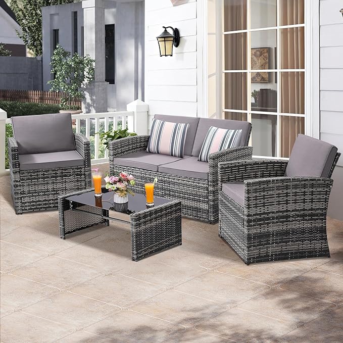 4-Piece Patio Furniture Set, Wicker Outdoor Rattan Sectional Sofa with Cushions and Glass Table, All-Weather Outdoor Conversation Set, Ideal for Garden, Porch, Backyard, Grey KROFEM