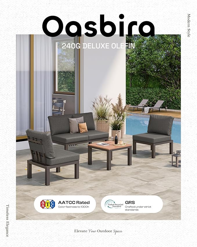 Aluminum Outdoor Patio Sofa Set, 2 Seats Modular Sectional Single Seat Sofa Chairs with Removable Cushions, All-Weather Outdoor Conversation Sets for Garden & Yard, Graphite Oasbira
