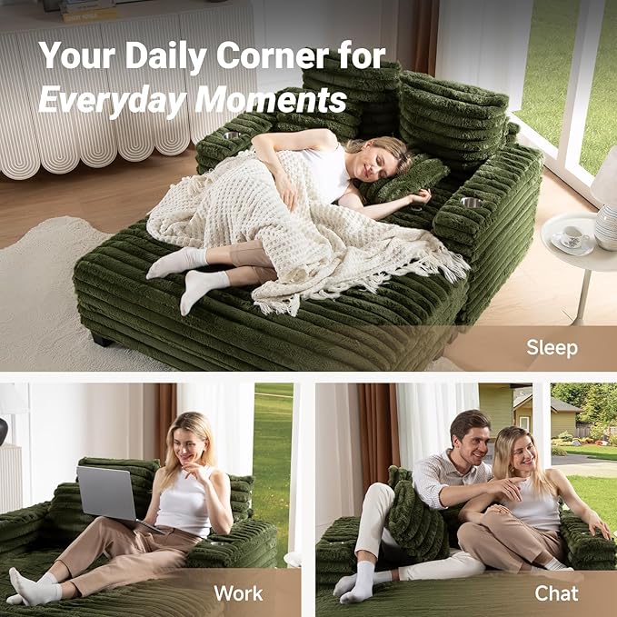 64" Chaise Lounge Chair Indoor, Oversized Sleeper Chair with Wood Frame, Upholstered Sofa Bed for Living Room, Movie Room, Bedroom with 4 Storage Pockets&2 Cup Holders(Plush Corduroy, Green) Amsleekey
