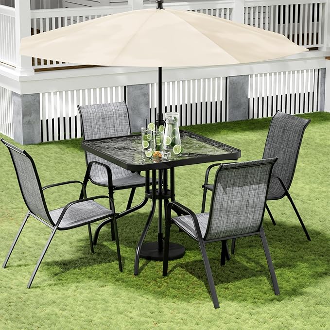 Arlopu 5 Piece Outdoor Patio Dining Set (Umbrella not Included), Porch Furniture with 4 Textline Chairs, 1 Square Glass Table for Garden, Backyard and Poolside, Lawn (Grey) Arlopu