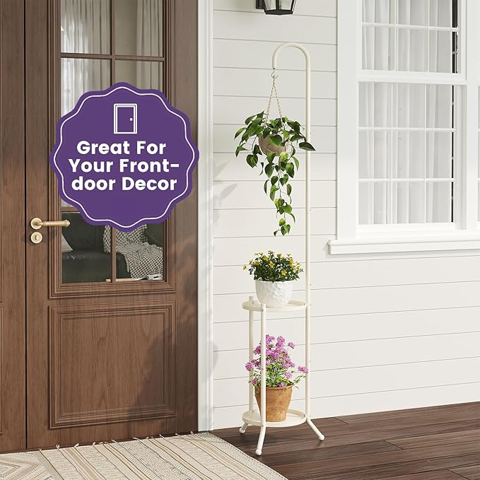 2-Tier Metal Plant Stand with Hanging Hook, Indoor Outdoor Plant Shelf,Heavy Duty Plant holder Rustproof Iron Multiple Plant Round Supports Rack for Planter Corner Garden Balcony Patio (Cream) Rootora