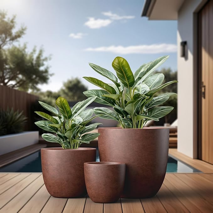 Kante 18",14",10" Dia Concrete Round Planters (Set of 3), Outdoor Indoor Large Planter Pots with Drainage Hole and Rubber Plug for Home Patio Garden, Rusty Kante