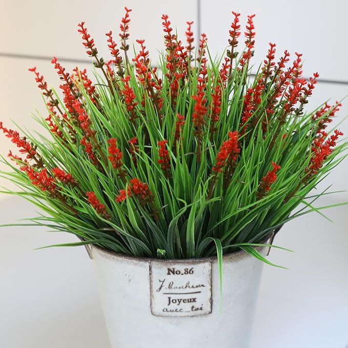 alyptus Artificial Flowers Outdoor 12 Bundles Fake Plants Outside Red Flower Grass Faux Greenery Spring Summer Wildflower Decoration for Outdoors Yard Front Porch Planter Decor (Red Flowers) ALYPTUS