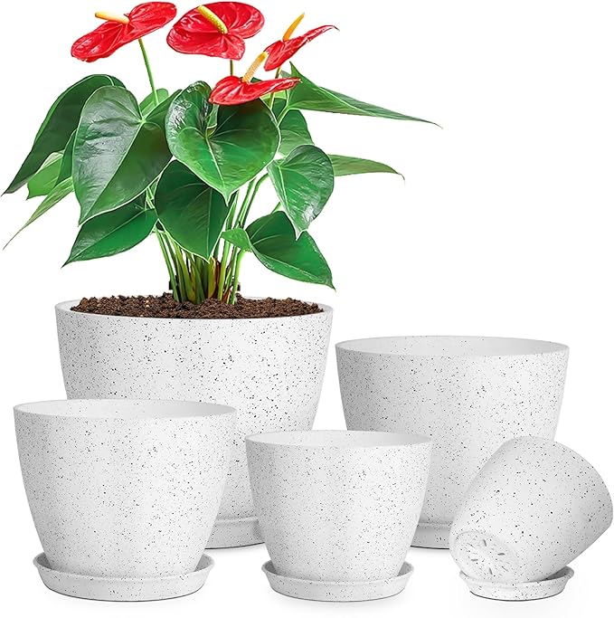 5 Pcs Plant pots, 7.5/6.5/5.7/4.9/4.1 inch Pots for Plants, Flower Pot Indoor Modern Decorative Plant Pot, Plant Pots Indoor with Drainage and Saucer for All House Plants, Spray Spots LOKEISNA