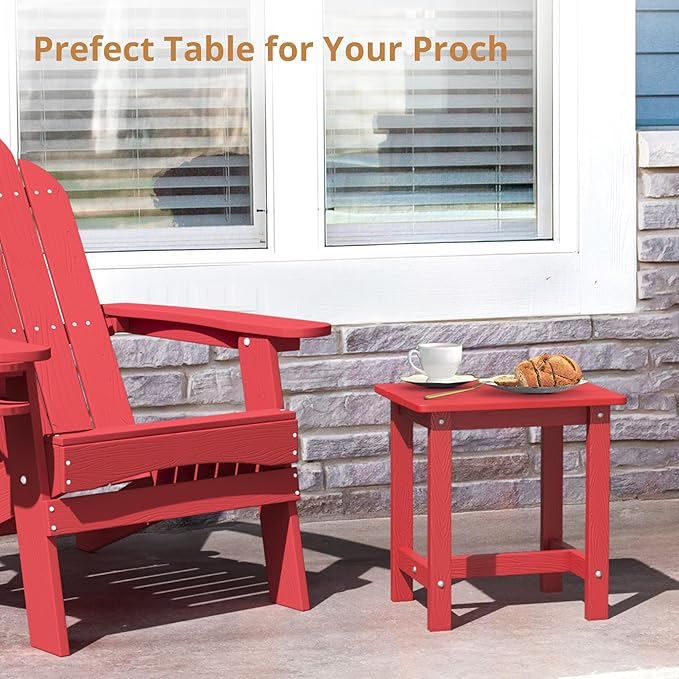 LUE BONA Outdoor Side Table, HDPS Small Outdoor Adirondack Side Tables, Outside End Table for Patio, Porch, Deck, Pool, Weather Resistant/Easy Maintenance,Bright Red LUEBONA