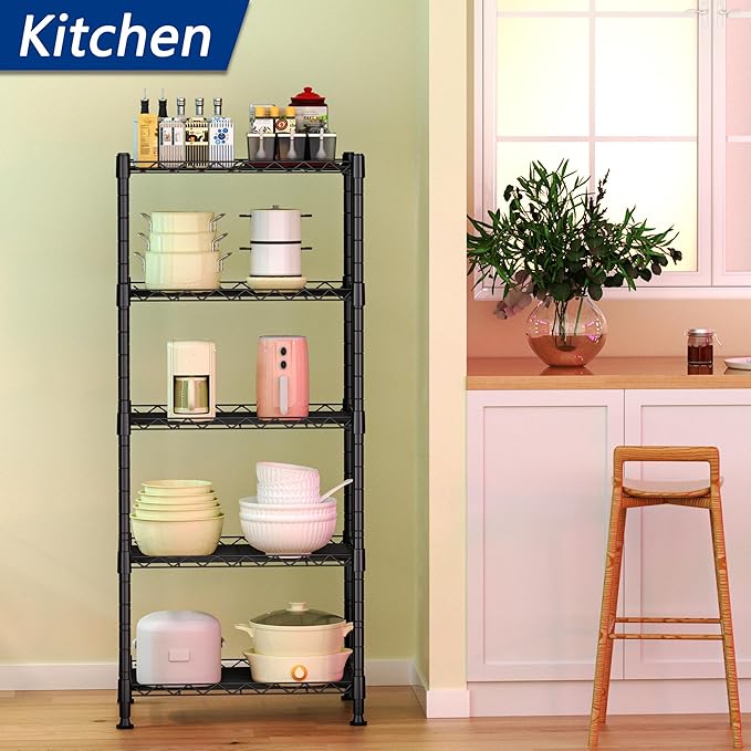 REGILLER 5-Wire Shelving Metal Storage Rack Adjustable Shelves,Standing Storage Shelf Units for Laundry Bathroom Kitchen Pantry Closet(Black,11.8" D x 16.6" W x 53.5" H) REGILLER