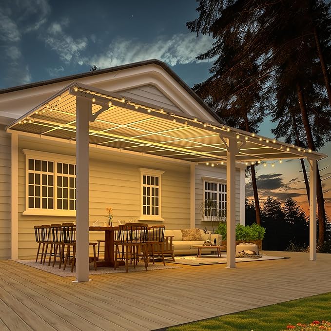 AECOJOY 16' x 12' Gazebo Outdoor Pergola for Patio, White Large Wall-Mounted Hard Top 12x16 Lean to Metal Gazebo Shelter Pergolas and Gazebos Clearance with Patio Roof, Heavy Duty Awnings for Backyard AECOJOY
