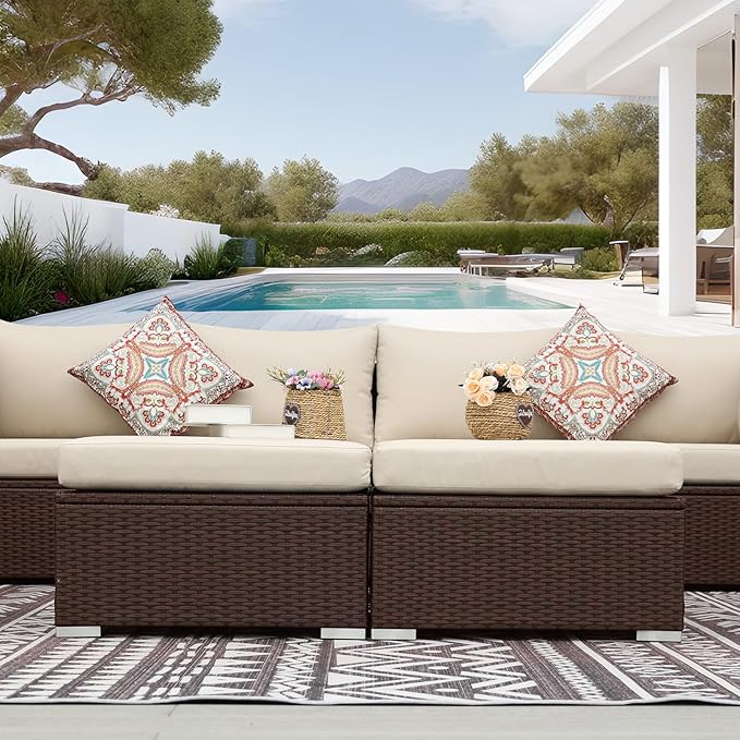 NICESOUL 8 Seat 29.3'' High Back Outdoor Furniture Set, Extra Large Rattan Patio Conversation Sets, Deep Seating Modular Sectional with Ottoman, Oversized Conversations for Backyard, Brown and Beige NICESOUL