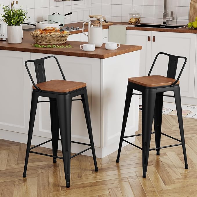 Yongchuang 30 inch Bar Stools Set of 2 Bar Height Metal Barstools with Wood Seat Low Back Kitchen Bar Chairs Matte Black YongchuangInternational