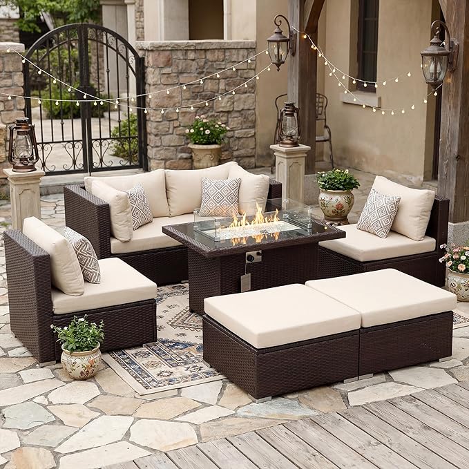 NICESOUL 7 Piece Outdoor Patio Sectional Furniture Set with Fire Pit Natural Gas/Propane, Large Size Comfortable Conversation Sets, 29.3'' High Back Deep Seat Sofa, Brown Rattan and Beige Cushion NICESOUL