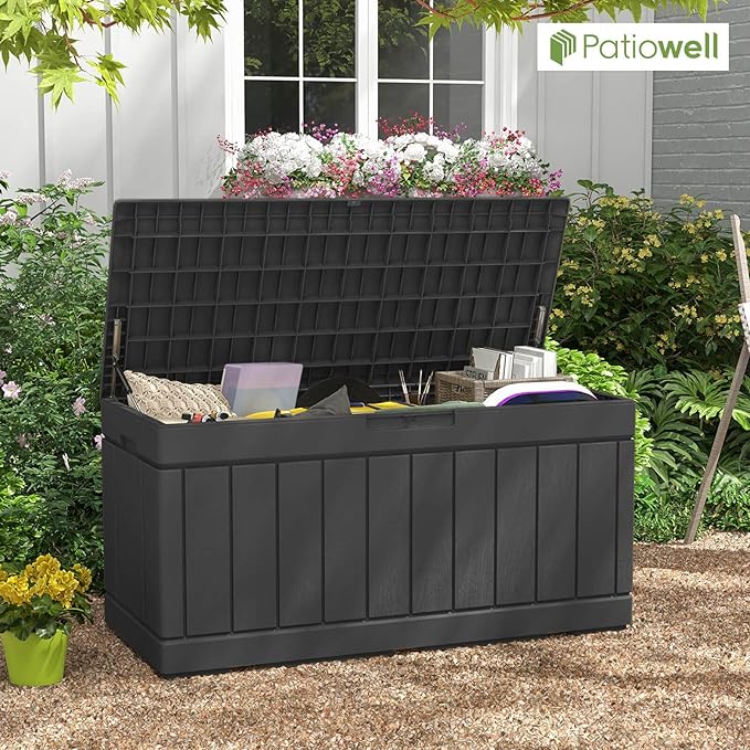 Patiowell 82 Gallon Resin Deck Box, Waterproof Large Wood Look Storage Box for Patio Furniture, Pool Accessories, Garden Tools and Sports Equipment, Lockable, Black Patiowell