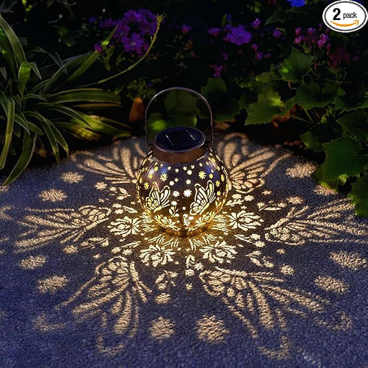 2 Pack Outdoor Solar Hanging Lantern Lights Metal LED Decorative Lamp for Garden Patio Courtyard Lawn and Table with Hollowed-Out Design (Bronze Butterfly) ExcMark