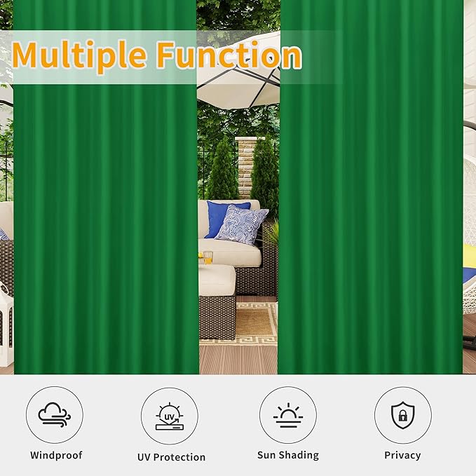 Easy-Going Outdoor Patio Curtains Detachable Tab Top Windproof Weatherproof Curtain for Cabana, Porch, Pergola and Gazebo, Tab Bottom Drape, 2 Panels, 54W x 120L inch, Green Easy-Going