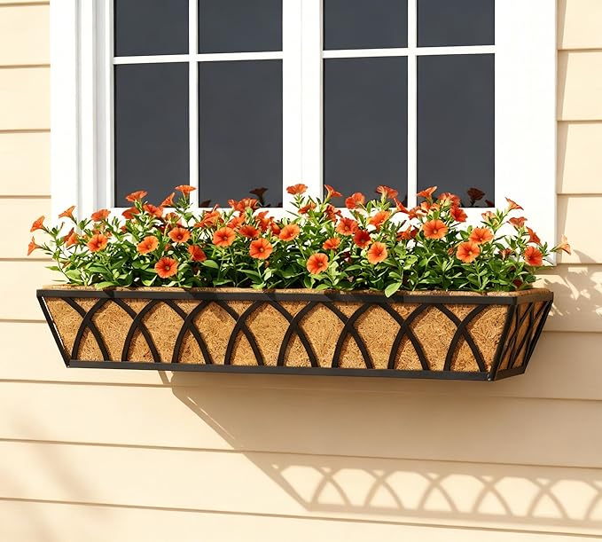 Y&M 30 Inch Window Deck with Coco Liner, Fence Metal Hanging Flower Planter Basket Deck Railing Planter Boxes for Outdoor Garden Lawn, 30" Window Boxes Horse Trough with Coconut Coir Liner,4pcs YM