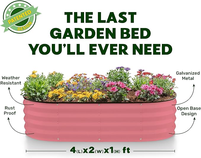 Plant & Plot Galvanized Raised Garden Beds Outdoor // 4×2×1 ft Planter Raised Beds for Gardening, Vegetables, Flowers // Large Metal Garden Box (Pink) // Patented Tool-Free Design PlantPlot