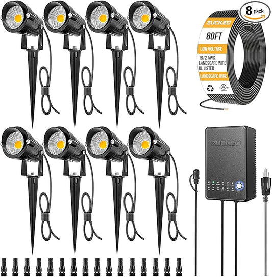 ZUCKEO All-in-One Landscape Lighting Kit, 5W LED Low Voltage Landscape Lights with Transformer and 80FT Wire, Waterproof Outdoor Spotlight with Connectors for Yard Garden House, 3000K 12-24V 8Pack ZUCKEO
