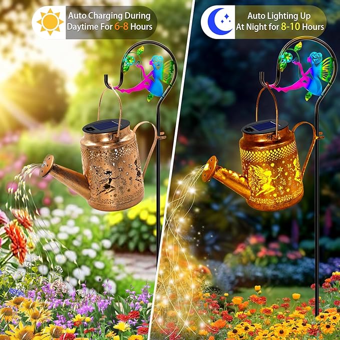Solar Lanterns Outdoor Waterproof,Metal Watering Can Garden Decor,Fairy Hanging Solar Path Lights Yard Art,Outside Patio Decorations Gardening Christmas Gifts for Mom Grandma Women（with Shepherd Hook） YJFWAL