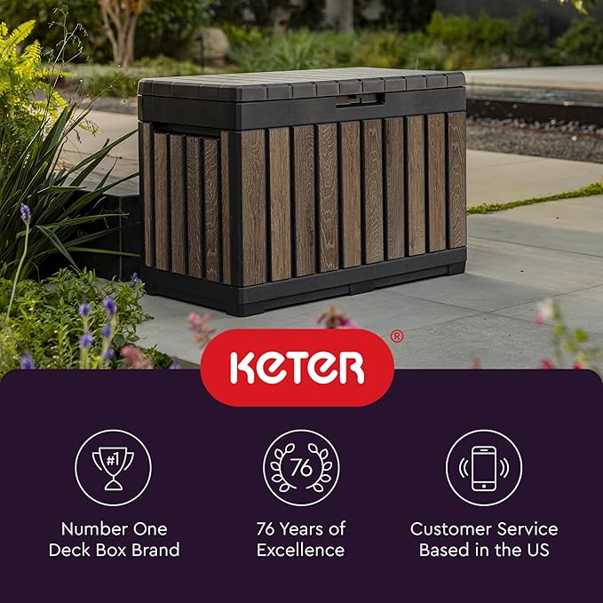 Keter Signature Everwood 50 Gallon Resin Deck Box for Outdoor Storage – Weather‑Resistant Balcony & Patio Box for Cushions, Throw Pillows & Garden Tools, Walnut Keter