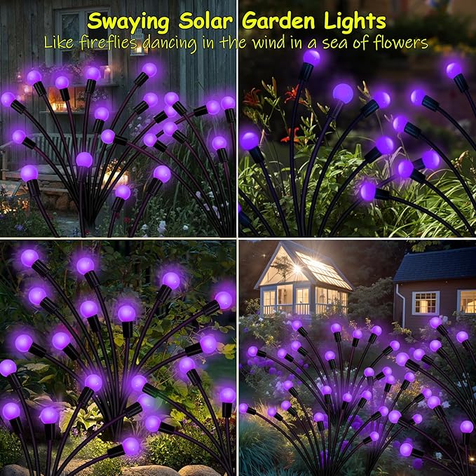 Kohlrabi Solar Garden Lights Outdoor, 6 Pack 60 LED Solar Purple Firefly Lights Waterproof, Sway by Wind, Halloween Swaying Light for Yard Patio Backyard Garden Planter Flower Bed Pathway Decoration KohlrabiDecor
