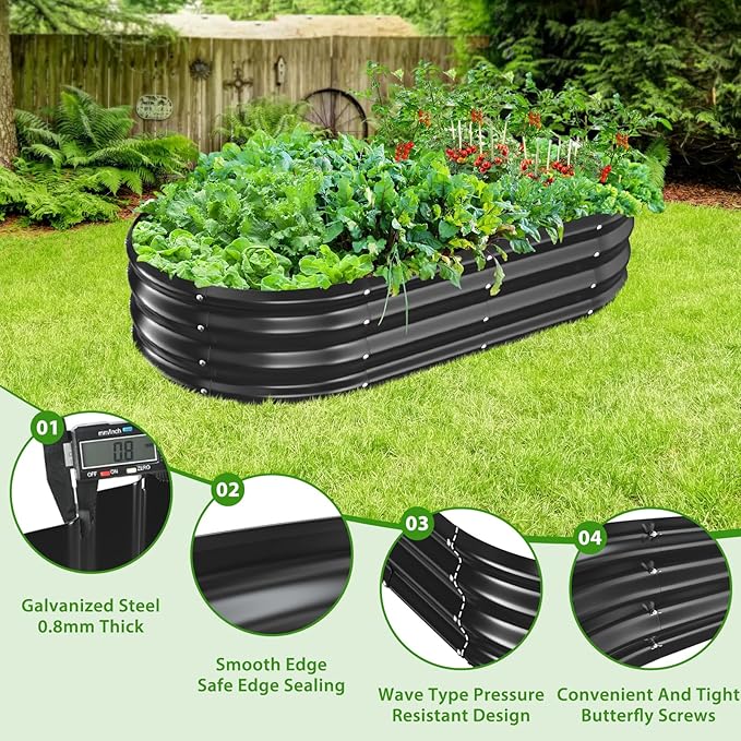 Oval Galvanized Planter Box, Metal Raised Garden Bed - 0.8MM Thick- Ideal for Outdoor Gardening and Planting of Vegetables Flowers Fruits Succulent Plants and Others (Black, 5X2.7X1 FT) TBMLC