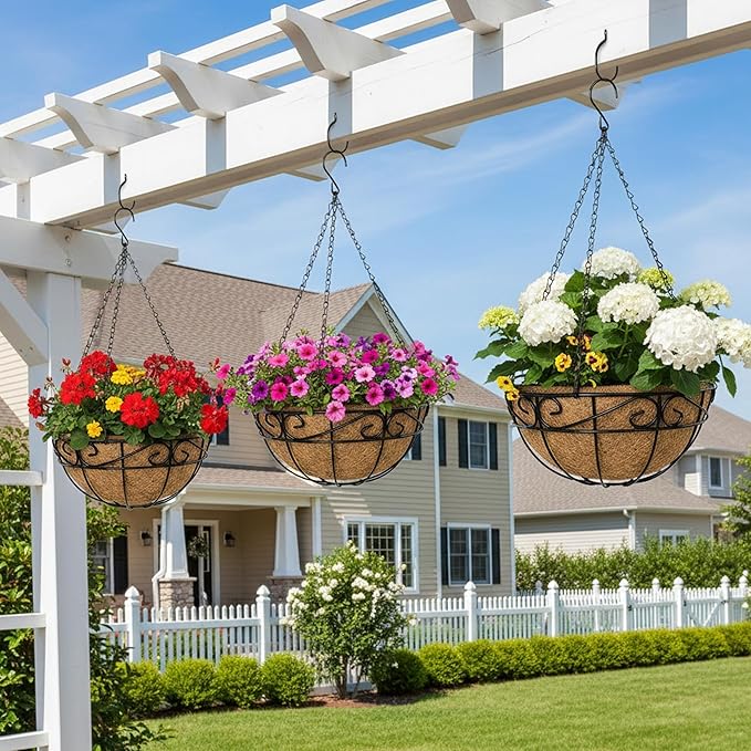 Outdoor Metal Hanging Planters Basket (4pack, 10 inch) Hanging Baskets for Plants Chain Round Wire Plant Holder with Coco Fiber Liners for Garden, Patio, Deck, Porch(Flower Border) EIMQUVW
