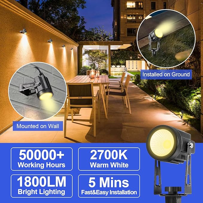 Landscape Lighting, 3W 12V Extendable Low Voltage 6 in 1 Landscape Lights with Transformer IP65 Waterproof 1800 Lumen Outdoor Spotlight for Garden Walls Trees Flag Pathway, Warm White GreenClick