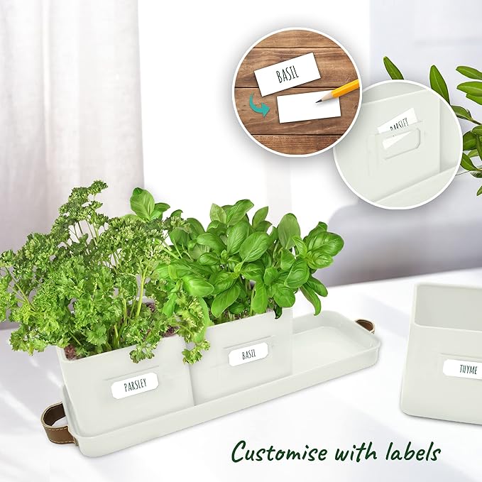 volila Herb Planter Indoor - Set of 3 Warmstone Indoor Herb Garden Pots for Plants with Leather Handled Tray - Window Sill Plant Shelf - Herb Pots with Drainage Holes and Labels volila