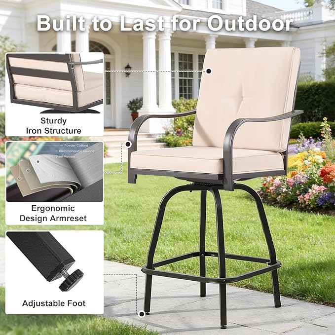 Patio Swivel Bar Stools Set of 6, Outdoor Bar Height Swivel Chairs with Cushions for Garden Balcony Backyard, Beige STRPRETTYBASIC