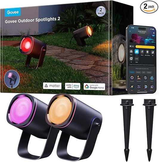 Govee Outdoor Spot Lights 2, IP67 Waterproof Spotlights, Landscape Lights Work with Matter, Alexa, and Google Assistant, RGBWIC Color Changing Light for Outdoor Decor, Patio Decorations, 2 Pack Govee