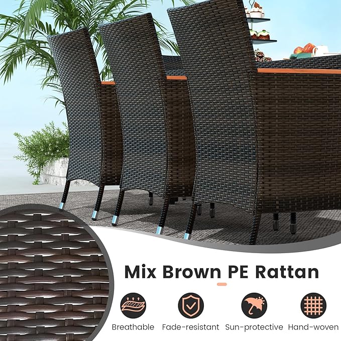 Tangkula 11 Pieces Rattan Outdoor Dining Set with 15Ft Solar Patio Umbrella for 8, Outdoor Wicker Table Set with 8 Cushioned Chairs, Acacia Wood Top, Outdoor Umbrella with Base Included TANGKULA