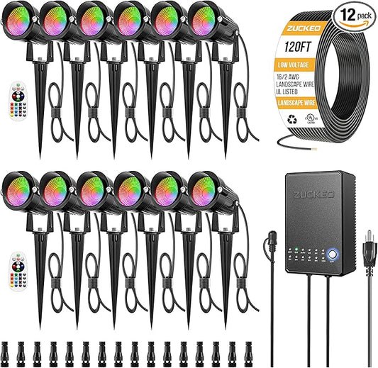 ZUCKEO All-in-One RGB Low Voltage Landscape Lighting Kit, 5W LED Color Changing Landscape Lights with Transformer and 120FT Wire, Outdoor Spotlights for Halloween Christmas Yard Garden Decor, 12Pack ZUCKEO