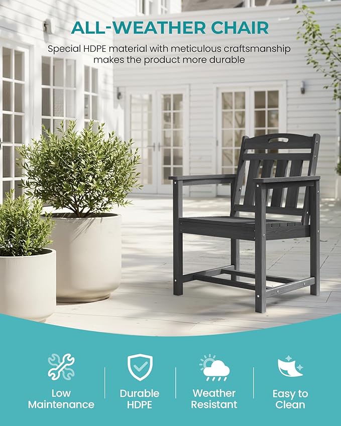 Outdoor Patio Dining Chair - All-Weather Fade-Resistant HDPE, Low Maintenance - for Garden, Backyard, Deck - New Black Suunyn