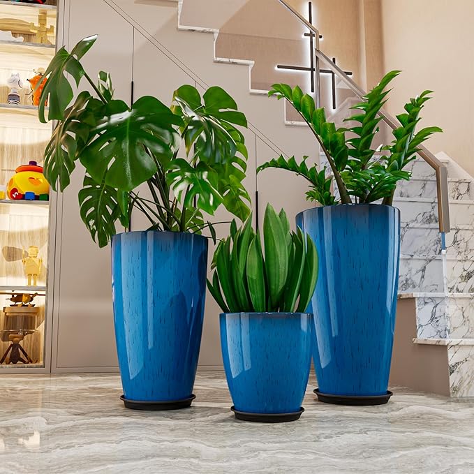 QCQHDU 24,21,11 inch Large Planters with Drainage Hole & Saucer, Set of 3 Plant Pots Tall Planter for Indoor & Outdoor Plants Home Modern Decor QCQHDU