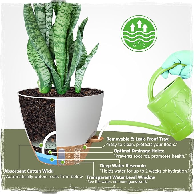 Self-Watering Pots for Indoor Plants 4 Pack, 6/8/10/12 Inch Outdoor Planters with Water Level Indicator&Deep Reservoir, Decorative Flower Pots for Indoor Plants,Home Decor (White, 12+10+8+6 inch) GOPROAUTO