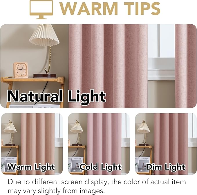 H.VERSAILTEX Linen Curtains 100% Blackout Curtains for Bedroom 96 inch Long Full Light Blocking Nature Linen Blended Window Curtains for Living Room Nickel Grommet (2 Panels, Heathered Baby Pink) HVERSAILTEX