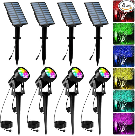 T-SUNUS Color Changing Solar Landscape Spotlights 4 Pack, IP65 Waterproof RGB Spot Lights 9.8ft Cable, Separated Panel Garden Light for Flag Outdoor Yard Driveway Porch Walkway Pool Patio T-SUNUSLighting