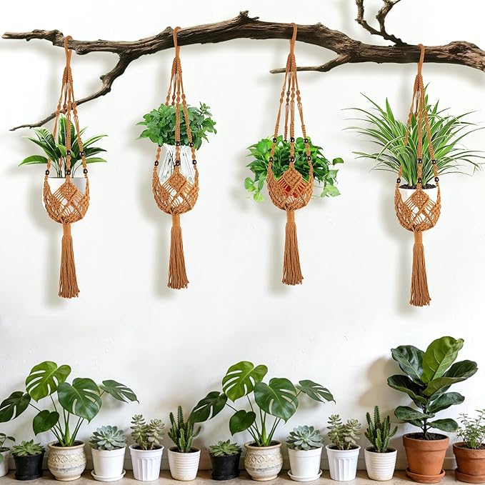 Augshy Jute Crochet Macrame Plant Hangers with Hooks, 2 Pack 35 Inch Natural Cotton Boho Indoor Outdoor Brown Planter Hanging Holder for Ceiling Balcony Porch Home Decor Augshy