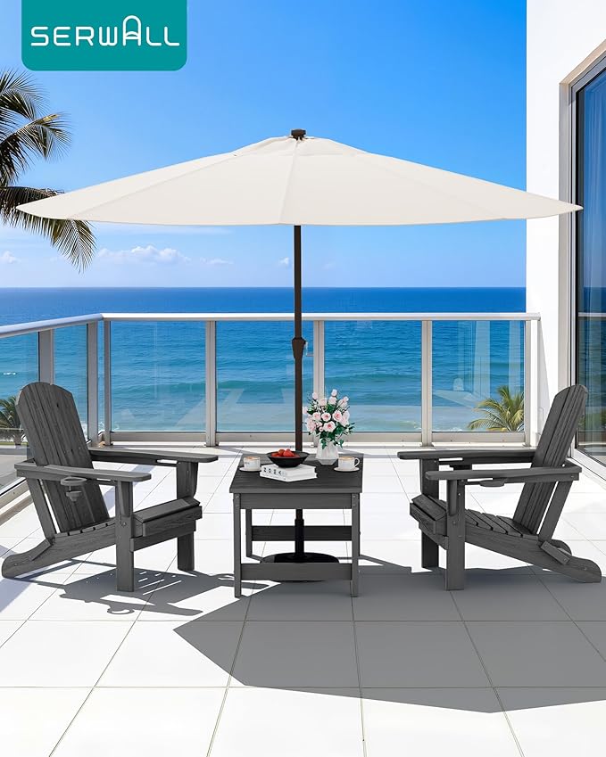 SERWALL Outdoor Coffee Table with 9FT Umbrella, HDPE Patio Coffee Table for Outside, Rectangle, Gray(Not Include Umbrella Base) SERWALL