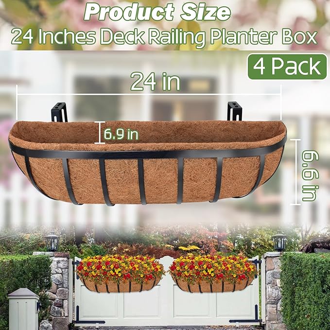 ZeeDix 4 Pack 24 Inch Railing Planter Box, Metal Window Boxes with Coco Liners for Railing, Hanging Flower Boxes for Deck Porch Balcony & Fence Outdoor Indoor Lawn ZeeDix